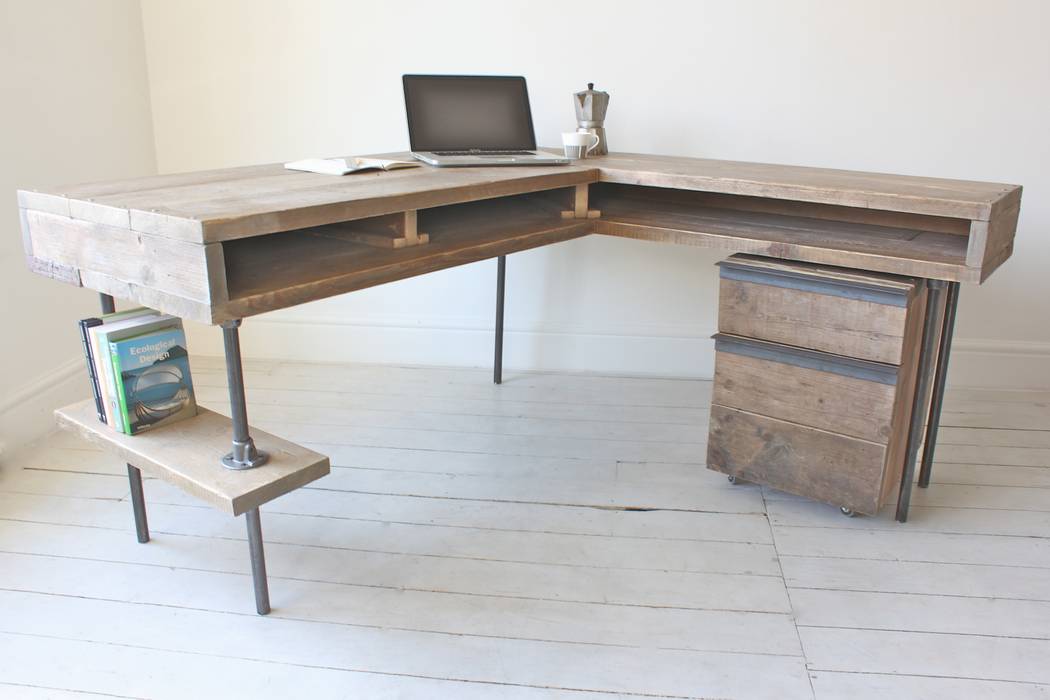 Reclaimed Scaffolding Board Industrial Chic Corner L-Shaped Desk with Built In Storage and Steel Legs - Matching Filing Cabinet Optional Ask a Question homify Industrialne domowe biuro i gabinet Biurka