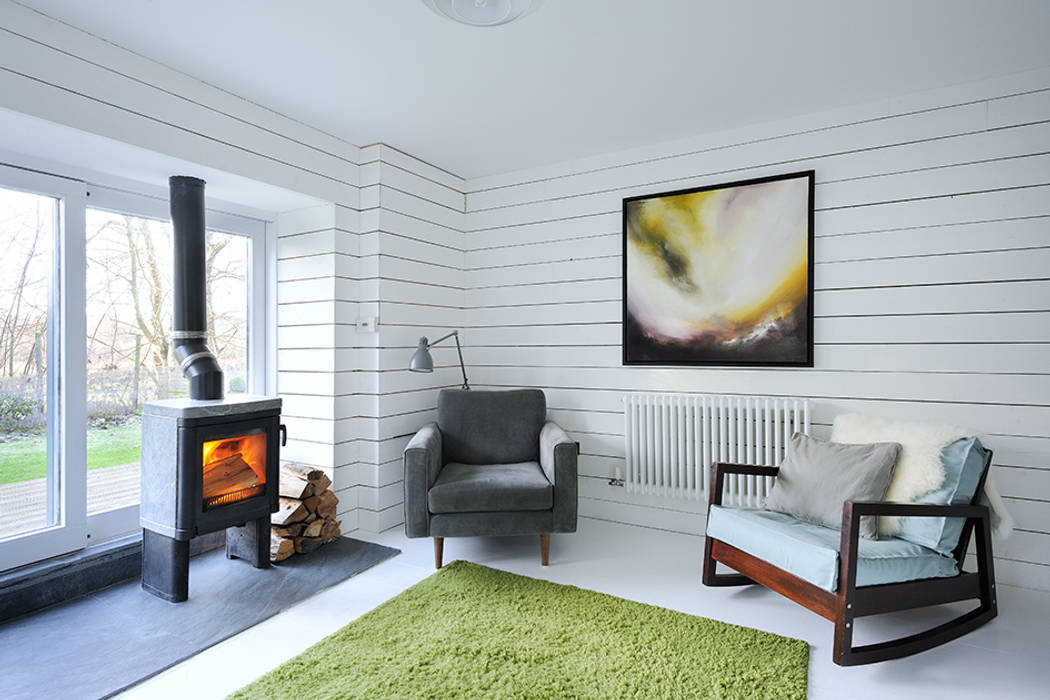 Heath Cottage Living Room homify Salones de estilo moderno refurbishment,renovation,cottage,scotland,white,scandinavian,timber,stove,painting