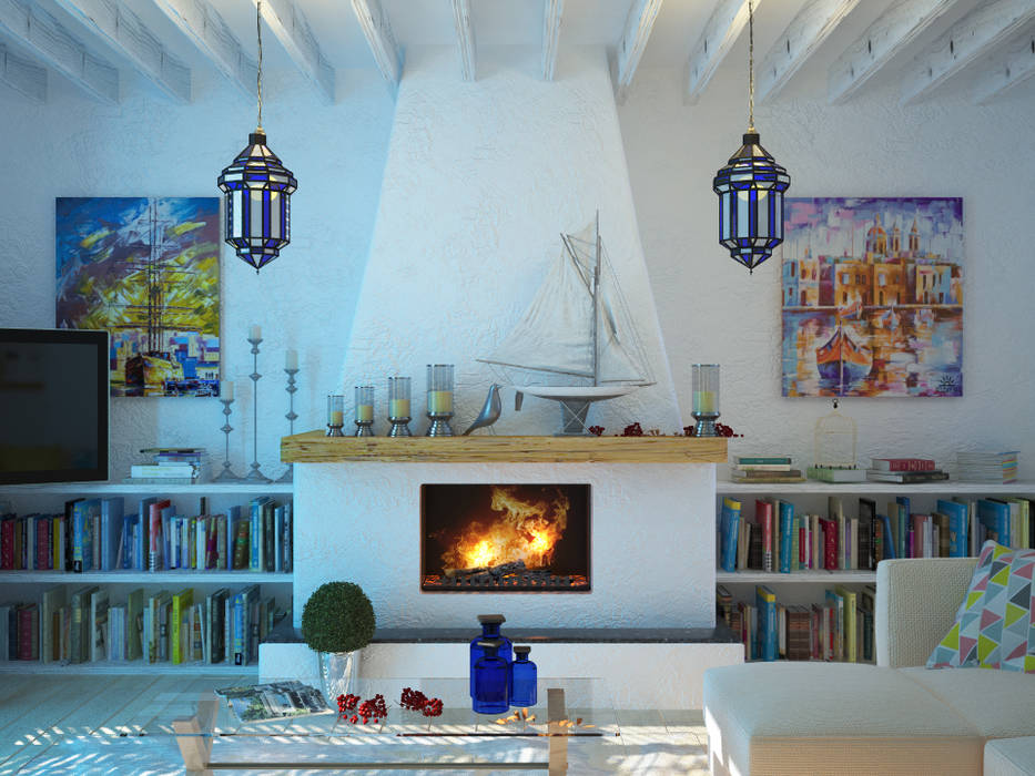 Дом в Средиземноморском стиле в Симферополе, Студия дизайна ROMANIUK DESIGN Студия дизайна ROMANIUK DESIGN Livings de estilo mediterráneo