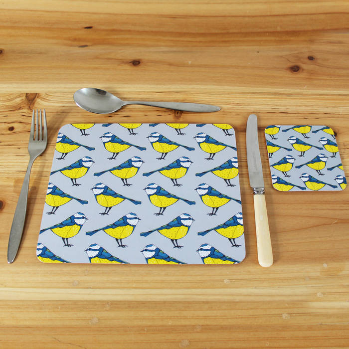 Bold Blue Tit Placemats and Coasters. martha and hepsie ltd Modern dining room Accessories & decoration