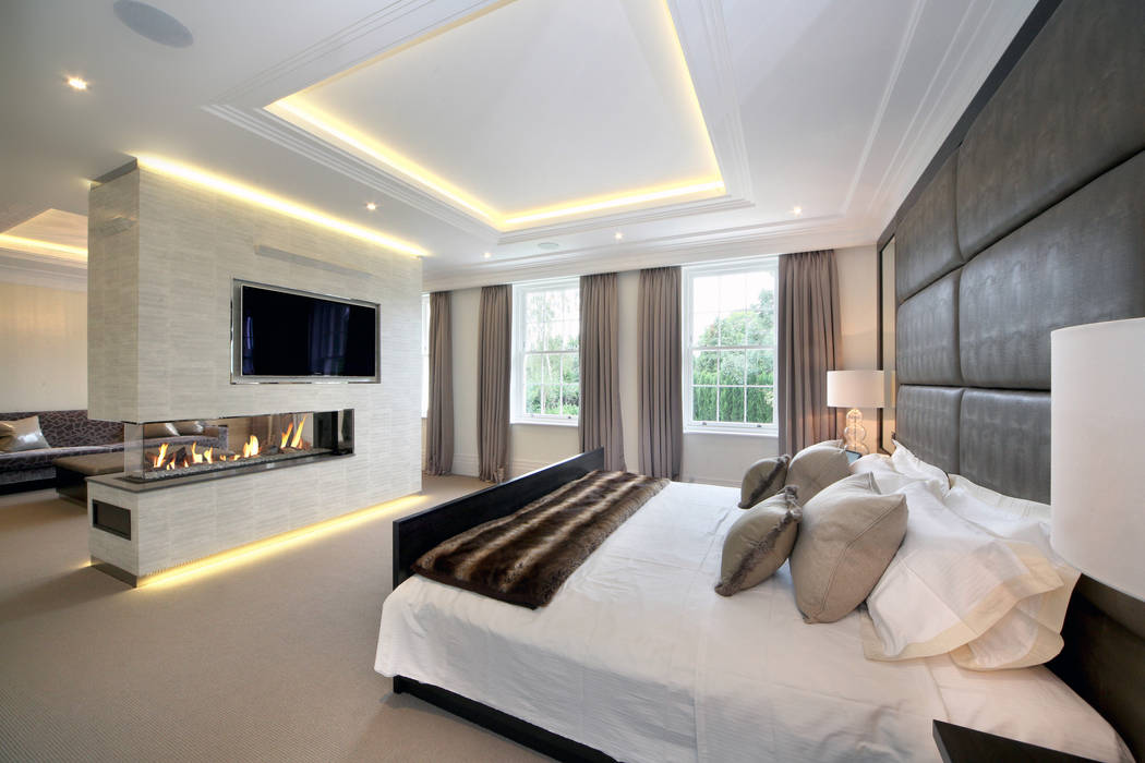 Master bedroom with suspended fireplace Hale Brown Architects Ltd Modern style bedroom