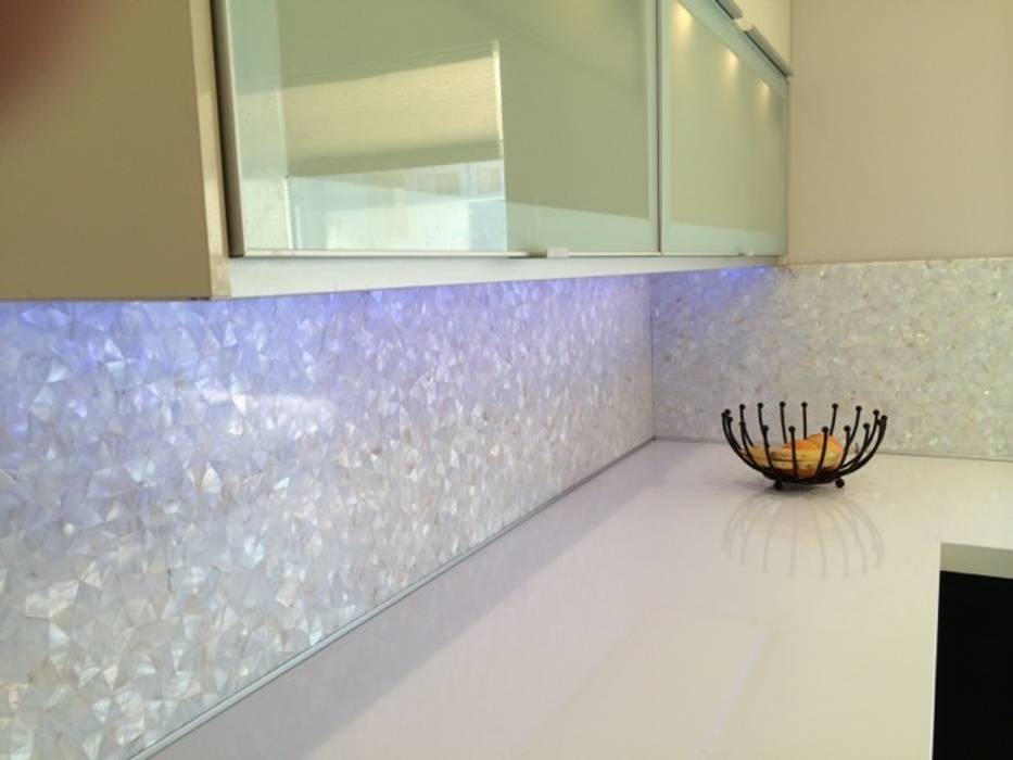 Pure White Freshwater Mother of Pearl in Crazy Pattern Panels. ShellShock Designs Modern bathroom