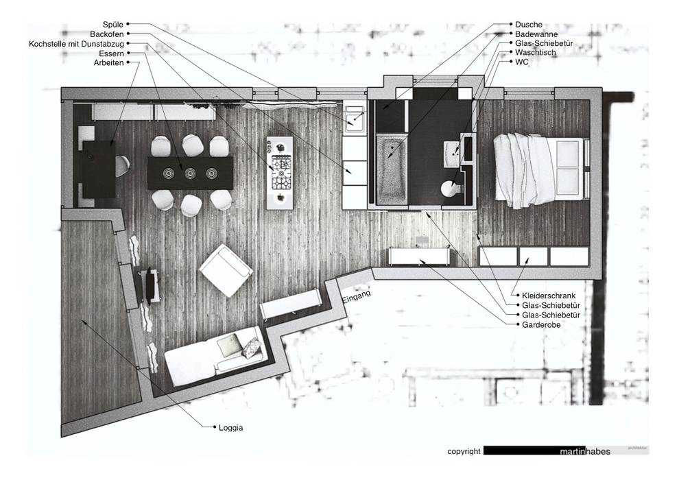 Wohnzimmer mit Koch- und Essbereich habes-architektur