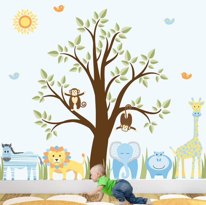 Deluxe Jungle Animal Luxury Nursery Wall Art Sticker Design for a baby boys nursery room Enchanted Interiors Modern Çocuk Odası