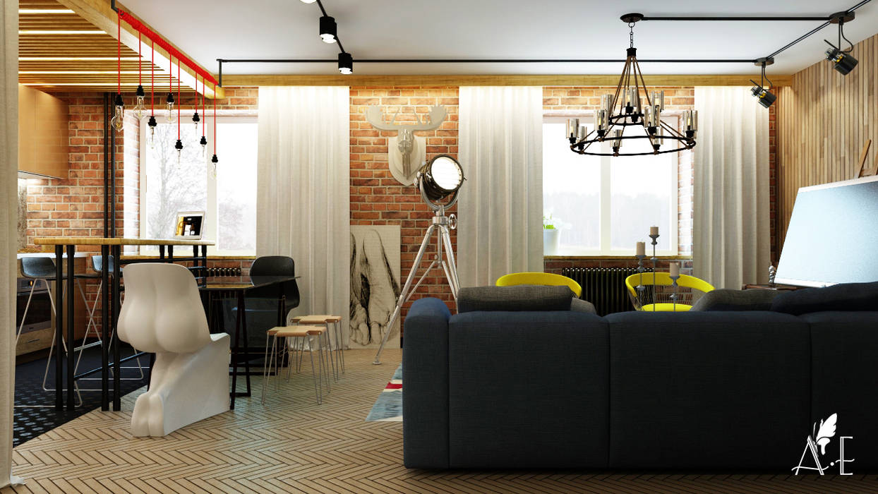 Проект интерьера квартиры 60 м2, Apolonov Interiors Apolonov Interiors Гостиная в стиле лофт