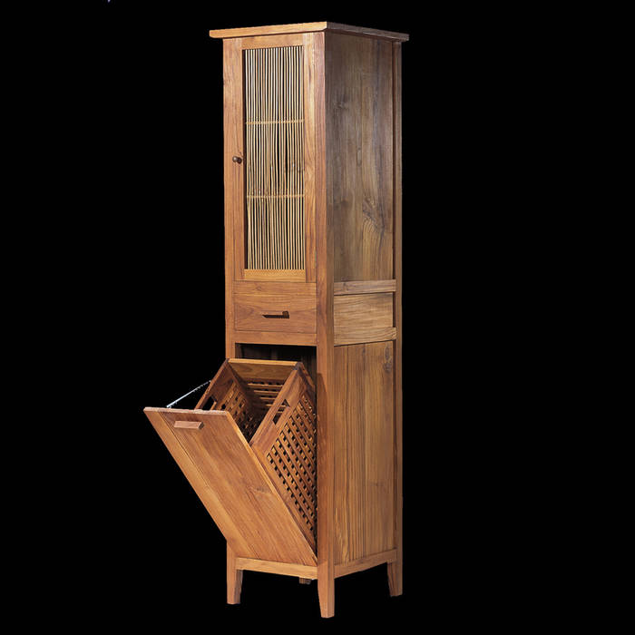 Teak & Bamboo cabinet with integrated laundry basket. Matahati Salle de bain asiatique Rangements
