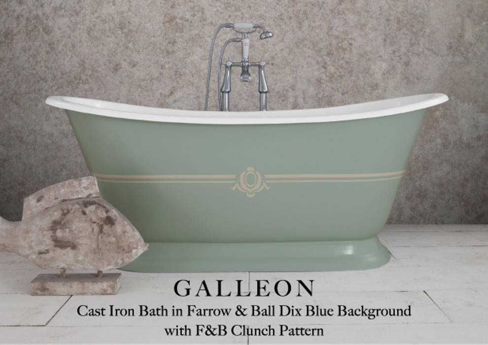 Galleon Cast Iron Bath in Farrow & Ball Dix Blue Background with F & B Clunch Pattern Hurlingham Baths Classic style bathroom
