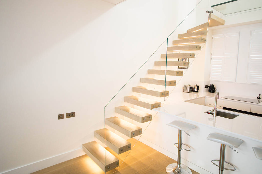 Floating Staircase with Oak Treads and LED Lights Railing London Ltd Stairs Stairs
