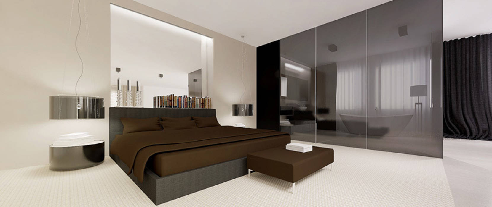 Widok na łóżko Ajot pracownia projektowa Minimalistyczna sypialnia