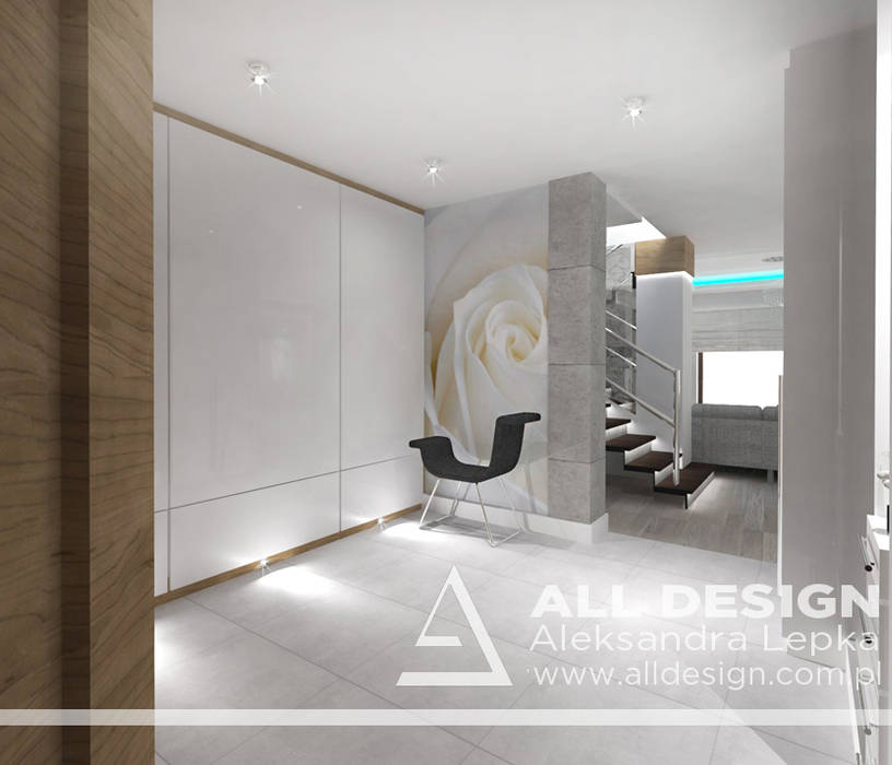 Projekt wnętrz domu w Kaliszu, All Design- Aleksandra Lepka All Design- Aleksandra Lepka Nowoczesny korytarz, przedpokój i schody