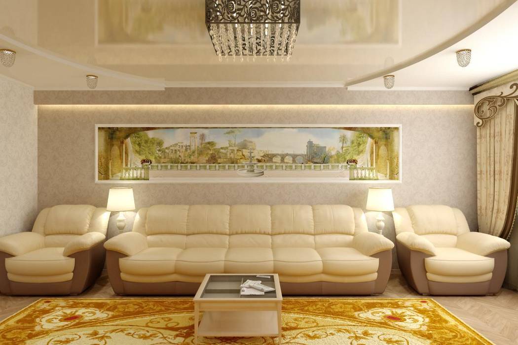 Дизайн гостиной с панорамной фреской Цунёв_Дизайн. Студия интерьерных решений. Гостиная в классическом стиле