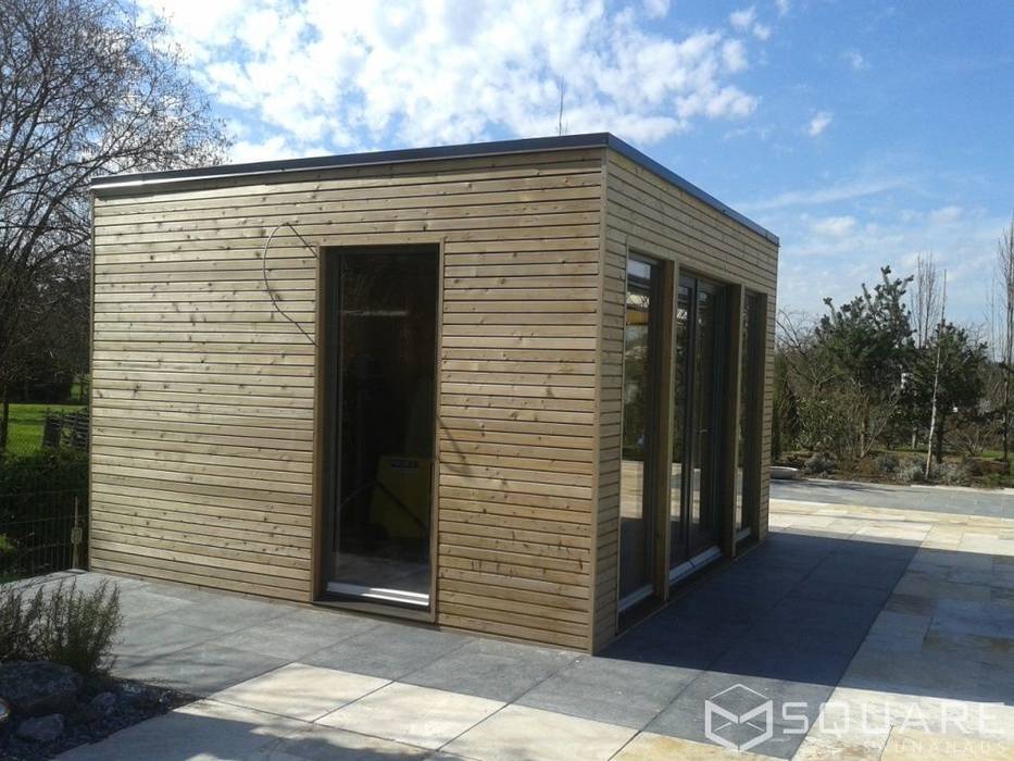 Saunahaus square xl als poolhaus mit sauna fassade lärchenholz