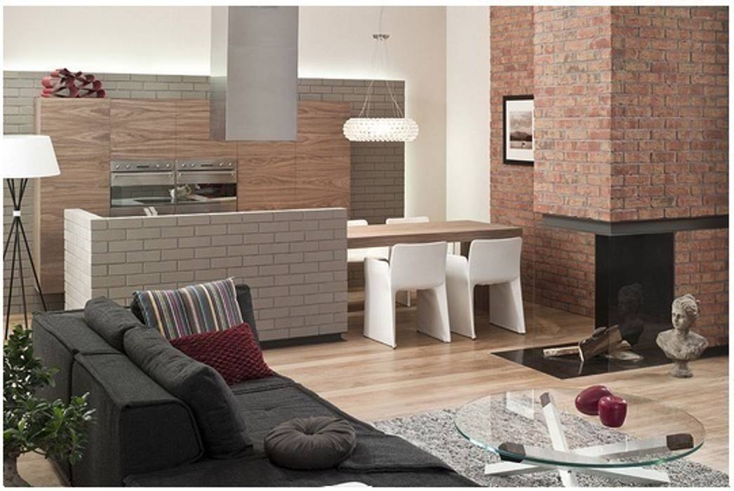 Studio flat, kitchen, living room with fire place Fourways ML - The Brick Panels Ruang Keluarga Modern Fireplaces & accessories