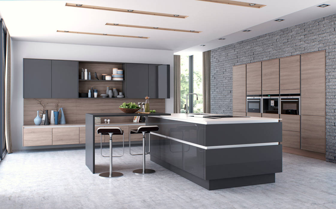 Nixon Graphite Gloss and Sienna Bardolino Oak Sigma 3 Kitchens Minimalist kitchen Cabinets & shelves