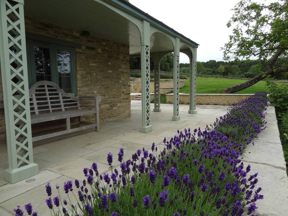 Somerset Farmhouse - Front terrace looking down Laurence Maunder Garden Design & Consultancy Country style balcony, veranda & terrace