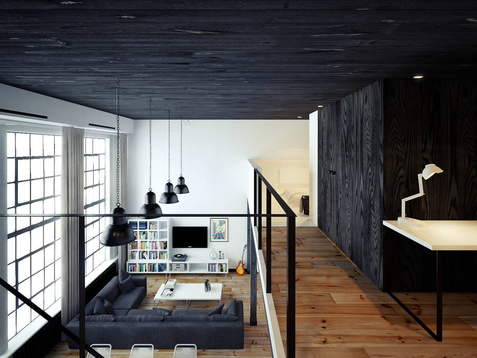 ofdesign Oskar Firek Loft Apartment antresola/gabinet OFD architects Minimalistyczne domowe biuro i gabinet