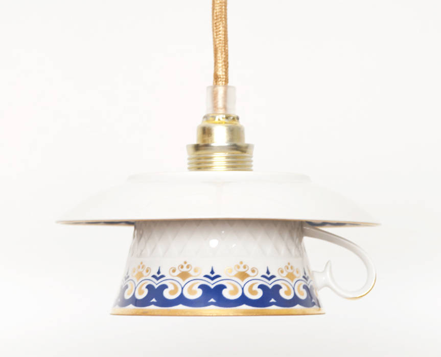Lieselotte handgefertigte Hängelampe Tasse-Untertasse mit gold-blauem Dekor, Lieselotte Lieselotte Klassieke eetkamers Verlichting