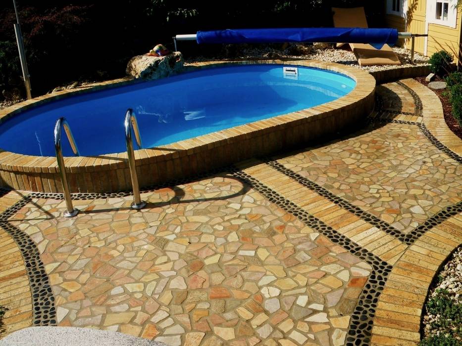 Pool, Natursteinterrasse Neues Gartendesign by Wentzel Mediterrane Pools Eigentum,Wasser,Die Architektur,Anlage,Schatten,Schwimmbad,Wand,Freizeit,Gras,Verbundwerkstoff