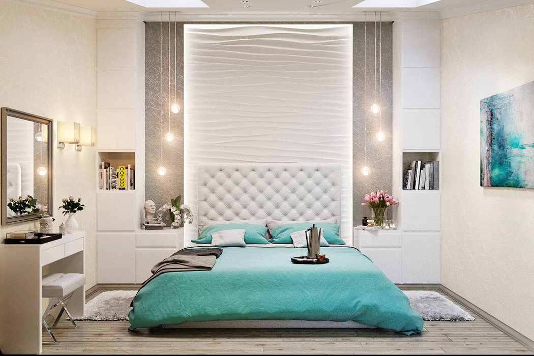 Двухуровневая квартира в морском стиле Студия дизайна ROMANIUK DESIGN Спальня в стиле минимализм