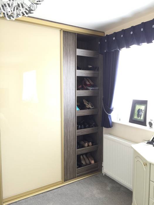 Grey Beige Zebrano Walk In Wardrobe With Gold Frame Sliding Doors