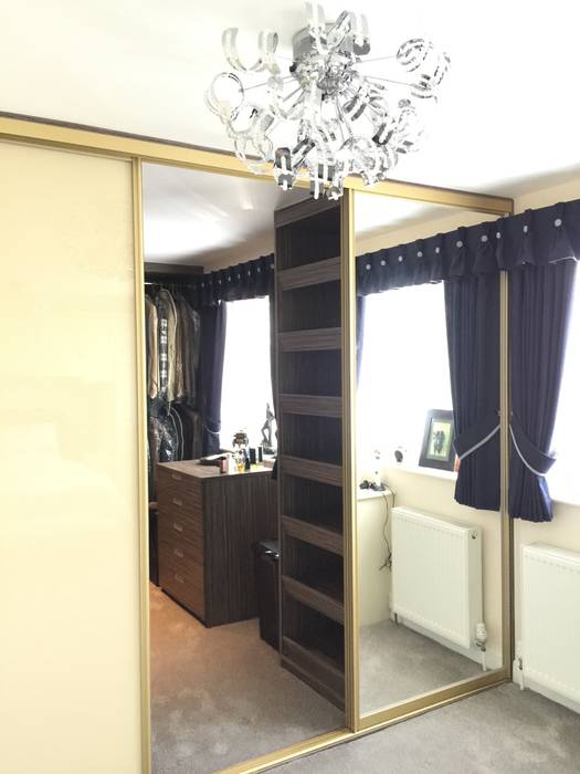 Grey Beige Zebrano Walk In Wardrobe With Gold Frame Sliding Doors
