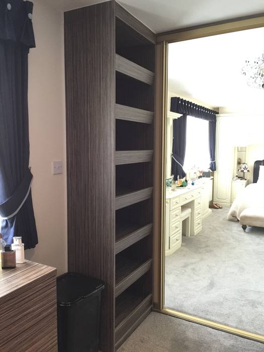 Grey Beige Zebrano Walk In Wardrobe With Gold Frame Sliding Doors