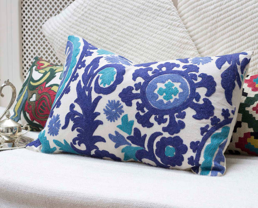 Crewel Embroidered Decorative Pillow Blue DesignRaaga Asian style living room Accessories & decoration