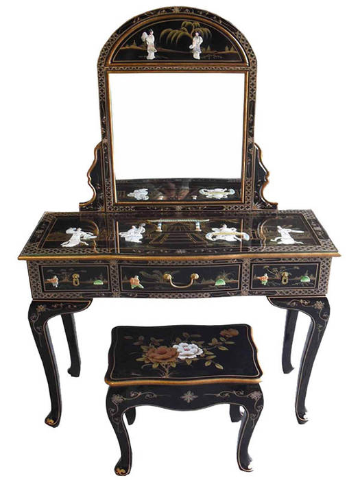 Chinese Black Lacquer Mother of Pearl Furniture ~ Ornately Decorated with Ladies & Gold Leaf , Asia Dragon Furniture from London Asia Dragon Furniture from London Cuartos de estilo asiático Peinadoras