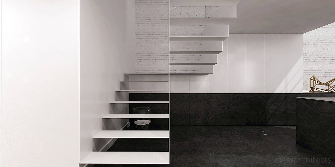 High - Contrast Loft Mess Architects Minimalistyczny korytarz, przedpokój i schody