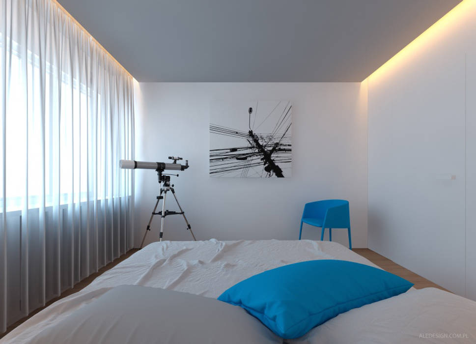 Sypialnia w błękicie Ale design Grzegorz Grzywacz Minimalistyczna sypialnia