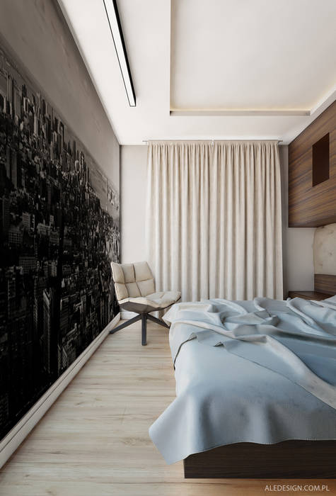 Projekt mieszkania 55m2 w Dąbrowie Górniczej Ale design Grzegorz Grzywacz Minimalistyczna sypialnia