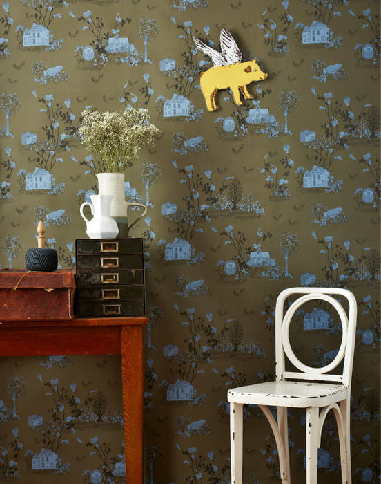 Woodlands Wallpaper Khaki Blue Sian Zeng Paredes y pisos rurales Papel tapiz y vinilos