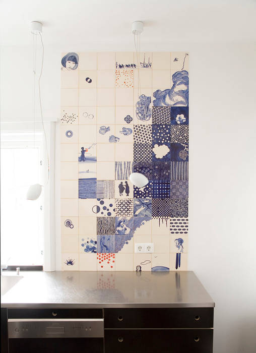 celluloid José den Hartog Eclectische muren & vloeren Tegels handgeschilderd, tegels, delftsblauw, keuken, kitchenart, blauw, custommade, op maat gemaakt