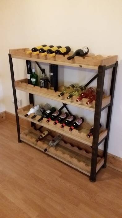 Steel and Oak shelving with removable wine racks V I Metal Ltd Industrialna piwnica win Piwnica win