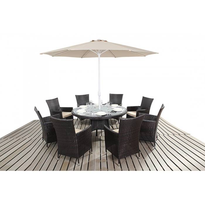 Bonsoni Round Dining Set 8 Piece - - Includes a Large Glassed Top Circular Table, Eight Chairs and a Parasol Rattan Garden Furniture homify สวน เฟอร์นิเจอร์