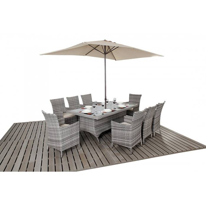 Bonsoni Rustic Rectangle 8 Piece Dining Set With a Rectangular Glasstop Table, Eight Chairs and a Parasol Rattan Garden Furniture homify Rustikaler Garten Möbel