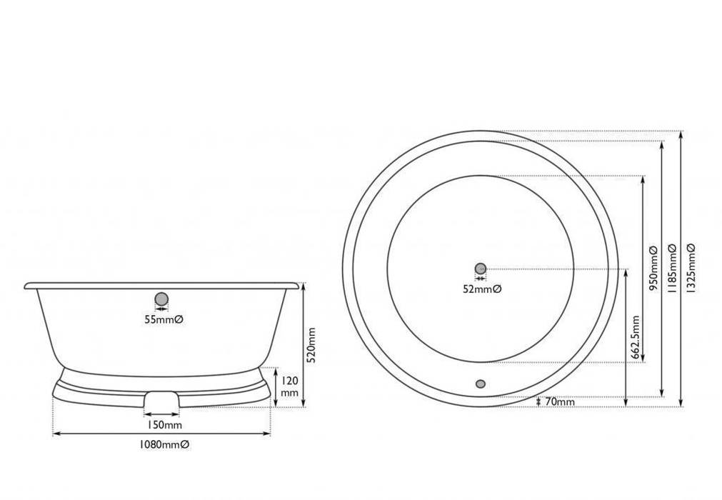 Dimensions of the Drum Cast Iron Bath from the UKAA Bathroom Range UKAA | UK Architectural Antiques