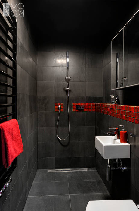 Czarna łazienka z czerwonym akcentem Pracownia projektowa artMOKO Nowoczesna łazienka
