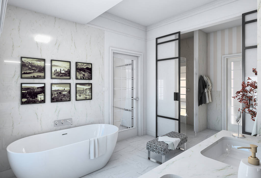 wizualizacja do projektu domu w stylu New Modern, łazienka przy głównej sypialni Pracownia Projektowa Pe2 Klasyczna łazienka