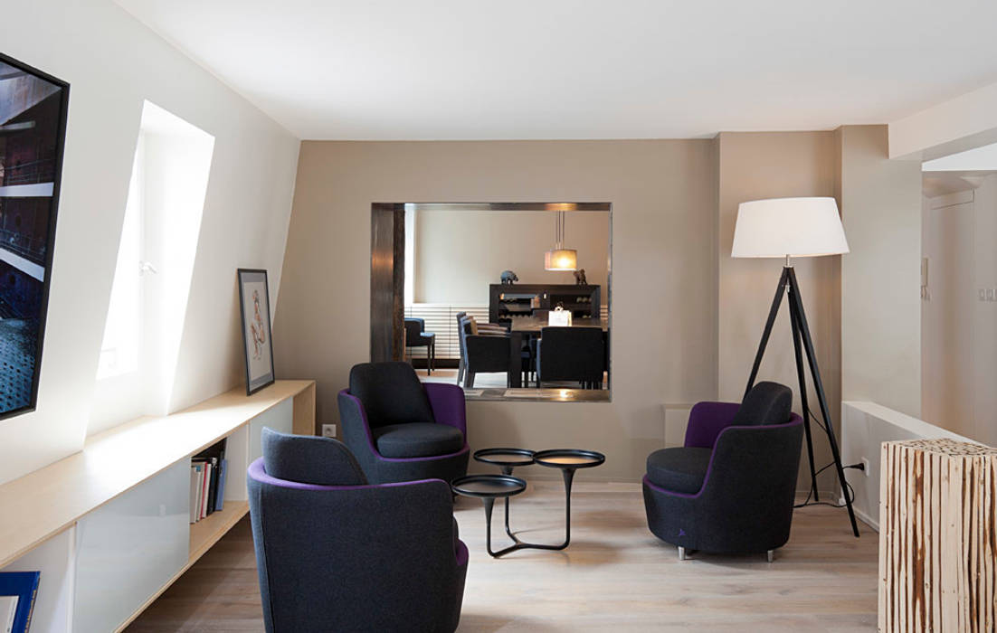 Transformation d’un duplex vétuste en appartement moderne-Paris-3e, ATELIER FB ATELIER FB Modern living room