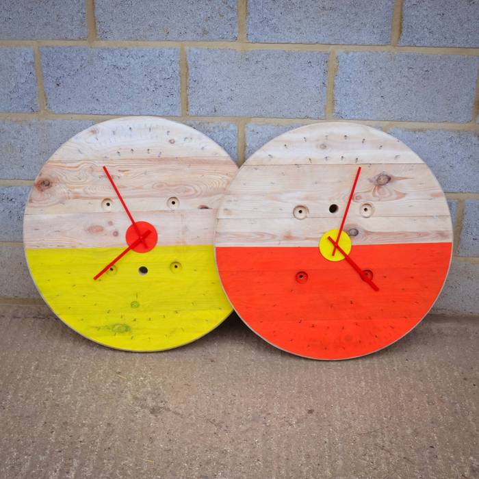 Upcycled cable reel clocks Frances Bradley Interior garden Interior landscaping