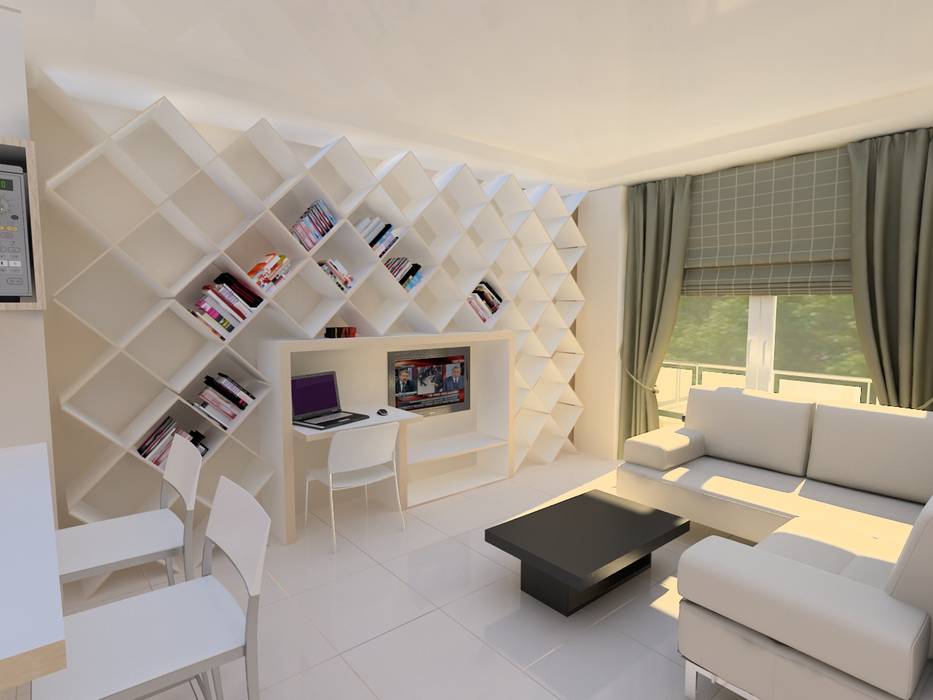 HKC Evi PRATIKIZ MIMARLIK/ ARCHITECTURE Modern Oturma Odası Orta Yoğunlukta Lifli Levha Raflar