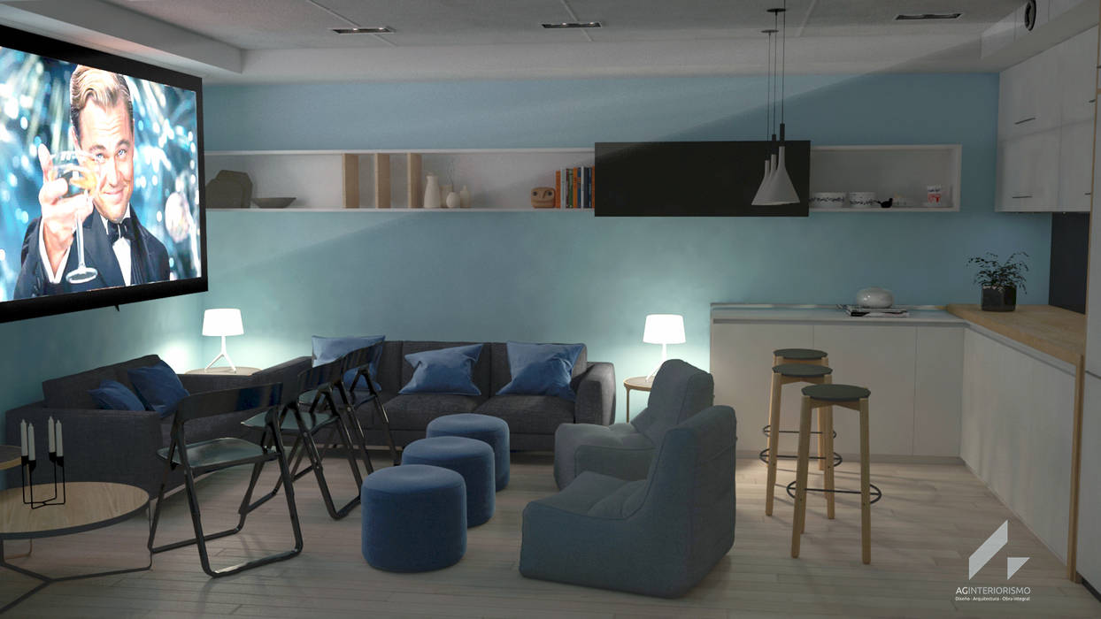Transformación en sala de cine AG INTERIORISMO Salas multimedia de estilo escandinavo Muebles,Azul,Mesa,Edificio,pared,Sala de estar,Piso,Suelo,Madera,Bienes raíces