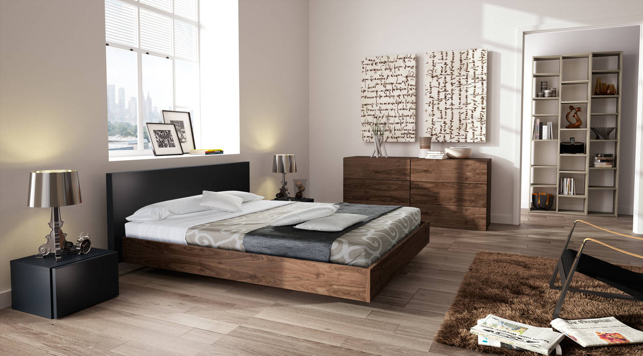 Float bed walnut+anthracite Temahome Quartos modernos Madeira Acabamento em madeira Camas e cabeceiras