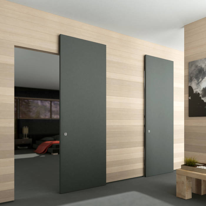 Soluzione scorrevole esterno parete senza binario a vista, Phi Porte Phi Porte Doors لکڑی Wood effect Doors