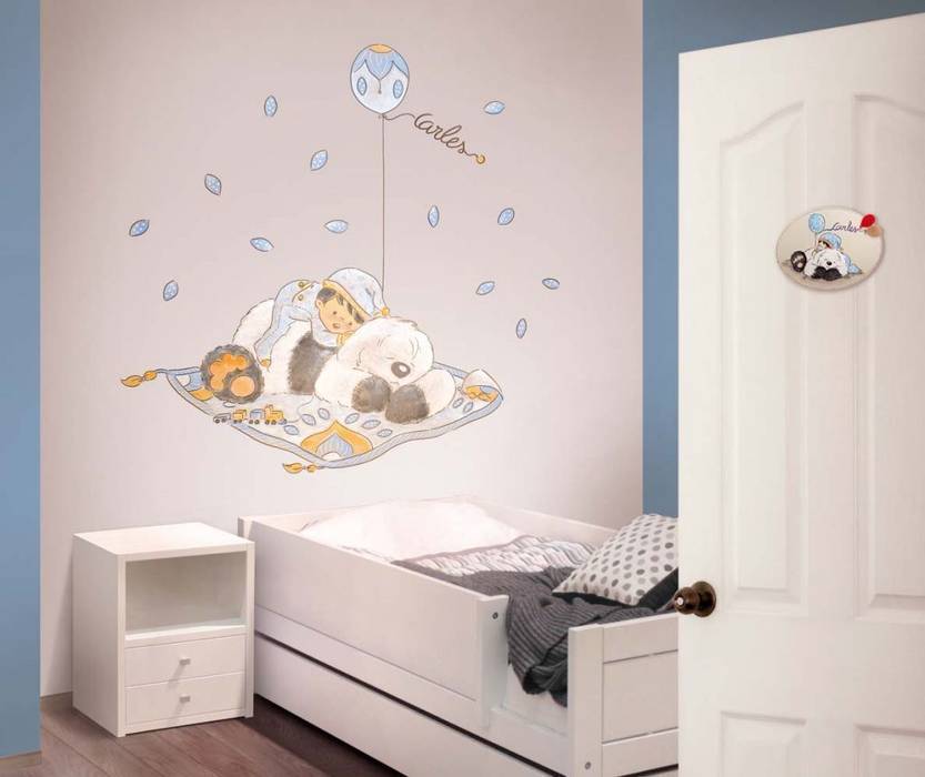Bebé y perro con globo Murales Divinos Dormitorios infantiles de estilo moderno