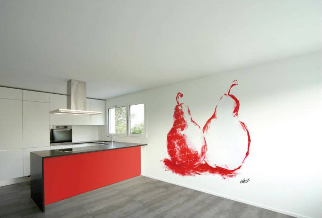 Peras rojas con letra Murales Divinos Cocinas de estilo moderno