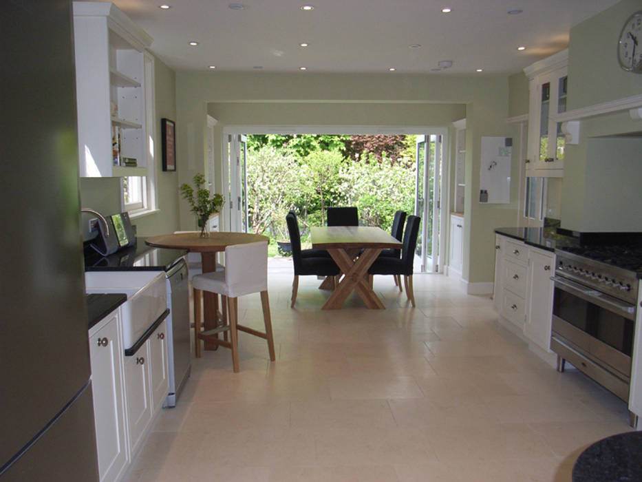 Kitchen-Diner Style Within Kitchen Wood Wood effect classic kitchen,garden room,travertine tiles,open plan,kitchen diner,oak breakfast bar,white kitchen,shaker kitchen,bifold doors,folding sliding door,patio doors