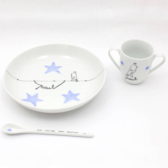 Ensemble de naissance en porcelaine oiseau roi garçon (assiette + tasse + cuillère) personnalisable, Judith Leviant porcelaines Judith Leviant porcelaines Kitchen Cutlery, crockery & glassware