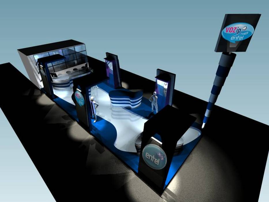 Diseño y modelado 3D, proyecto feria Stand Entel., pb Arquitecto pb Arquitecto Ruang Komersial Komposit Kayu-Plastik Pusat Eksibisi